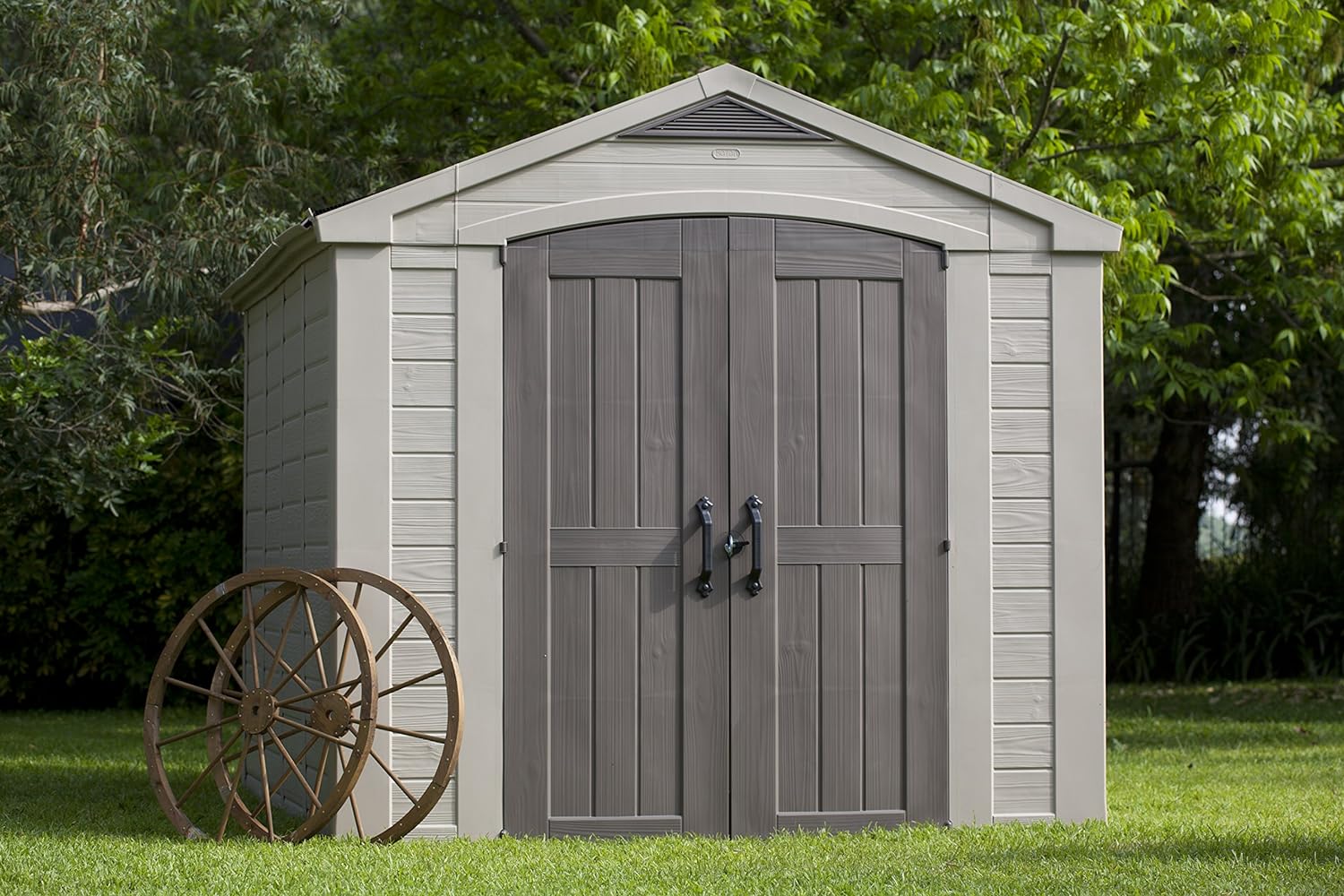 Keter Factor Outdoor Garden Storage Shed, Beige, 8 x 11 feet, with base, Non-fading, Looks and feels like wood Easy to install