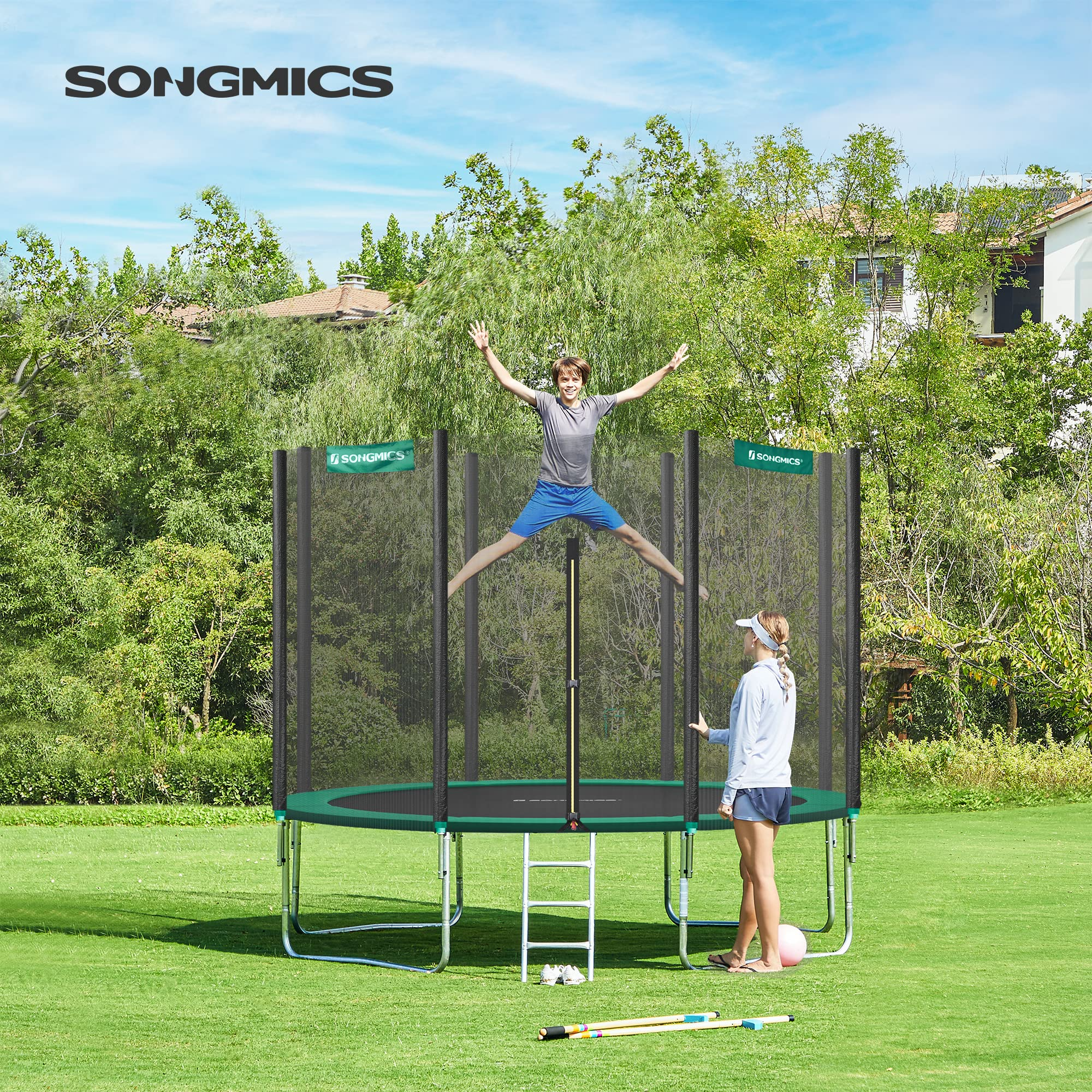 【Sports&Outdoors】Trampoline, 12 ft Round Trampoline for the Garden with Ladder, Safety Net Enclosure