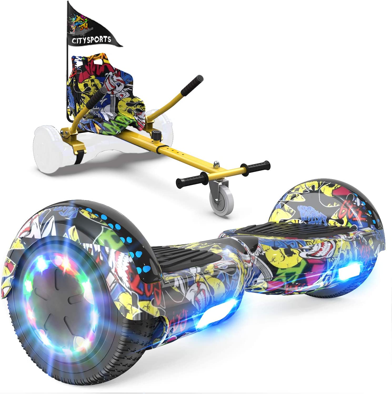 GeekMe hoverboards go kart attachment, Hoverboards with Hoverkart 6.5 inch with Bluetooth Speaker, LED Lights, Gift for Kid, Teenager and Adult