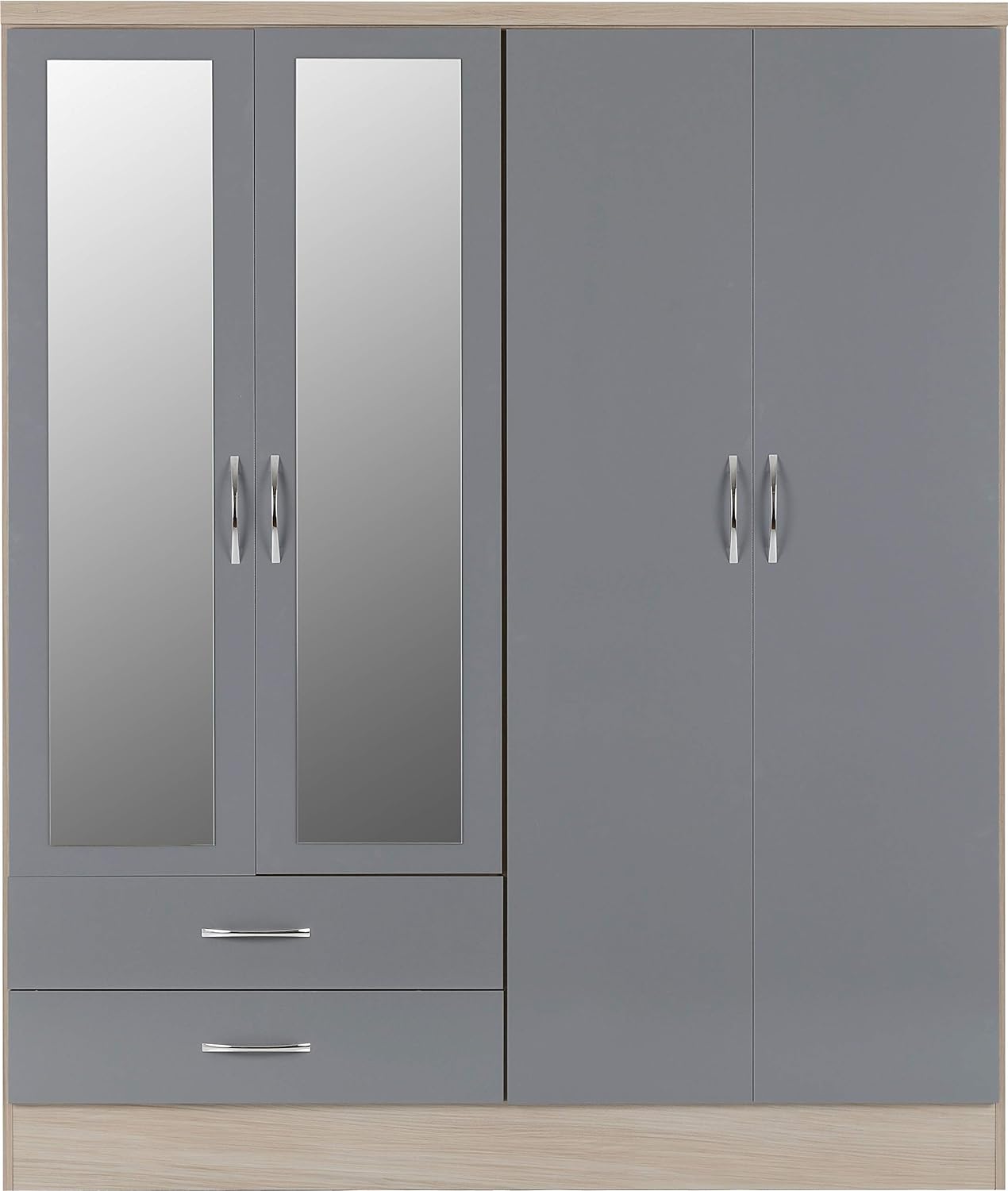 Seconique Nevada 4 Door 2 Drawer Wardrobe in Grey Gloss/Light Oak Effect Veneer