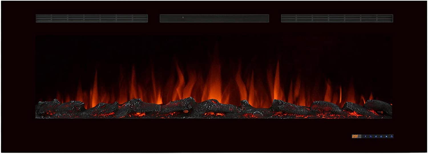 Valuxhome Electric Fireplace, Foyer 60 Inches Wide, Recessed Fireplaces, Logset and Crystal, 500W/750W, Black