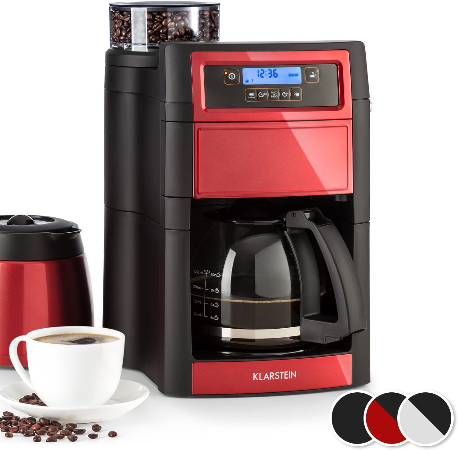Klarstein Aromatica X Coffee Machine - 3-Stage Grinder, Timer, LED Display, Keep Warm Function, Stainless Steel, Includes Glass Jug and Accessories, Silver