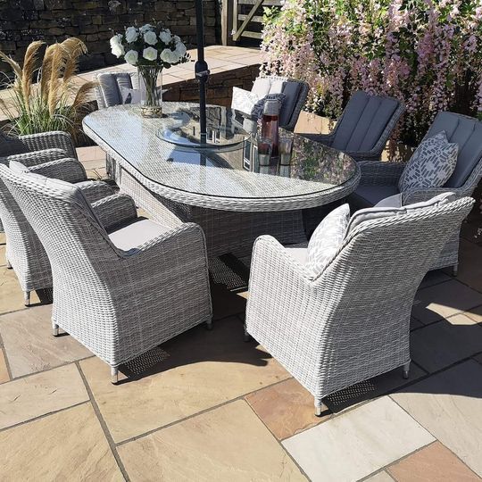 Malibu 8 Seat Oval Rattan Dining Set in Light Grey