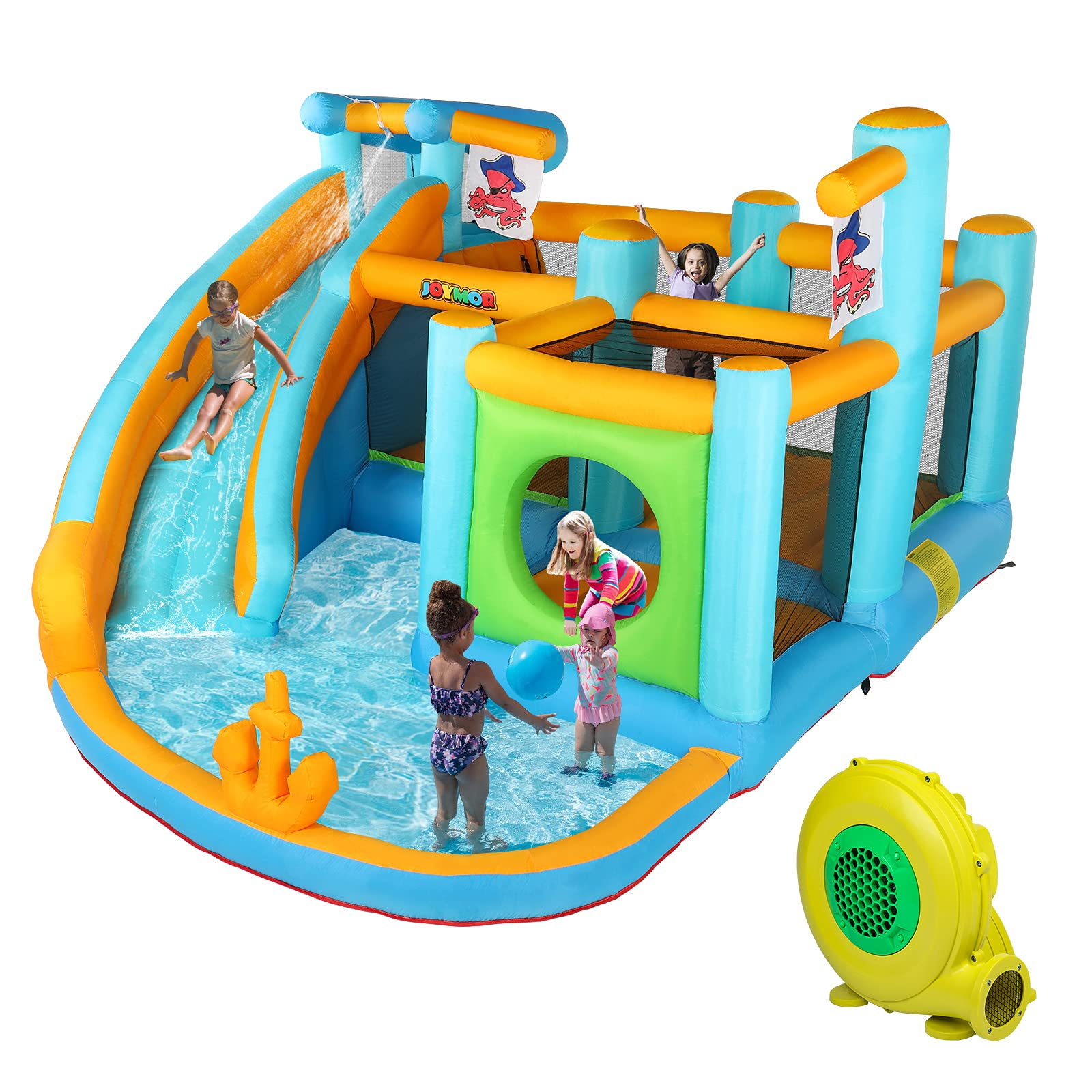 【Baby&Kids】Inflatable Water Slide Park, Pirate Themed Bounce House, Obstacle Course, Water Cannon