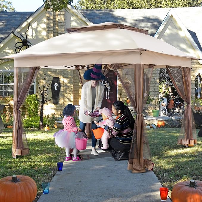 Joyside 11'x11' Pop Up Gazebo for Patios Canopy Tent with Sidewalls Outdoor Gazebo with Mosquito Netting Pop Up Canopy Shelter Wedding Tent (Beige)