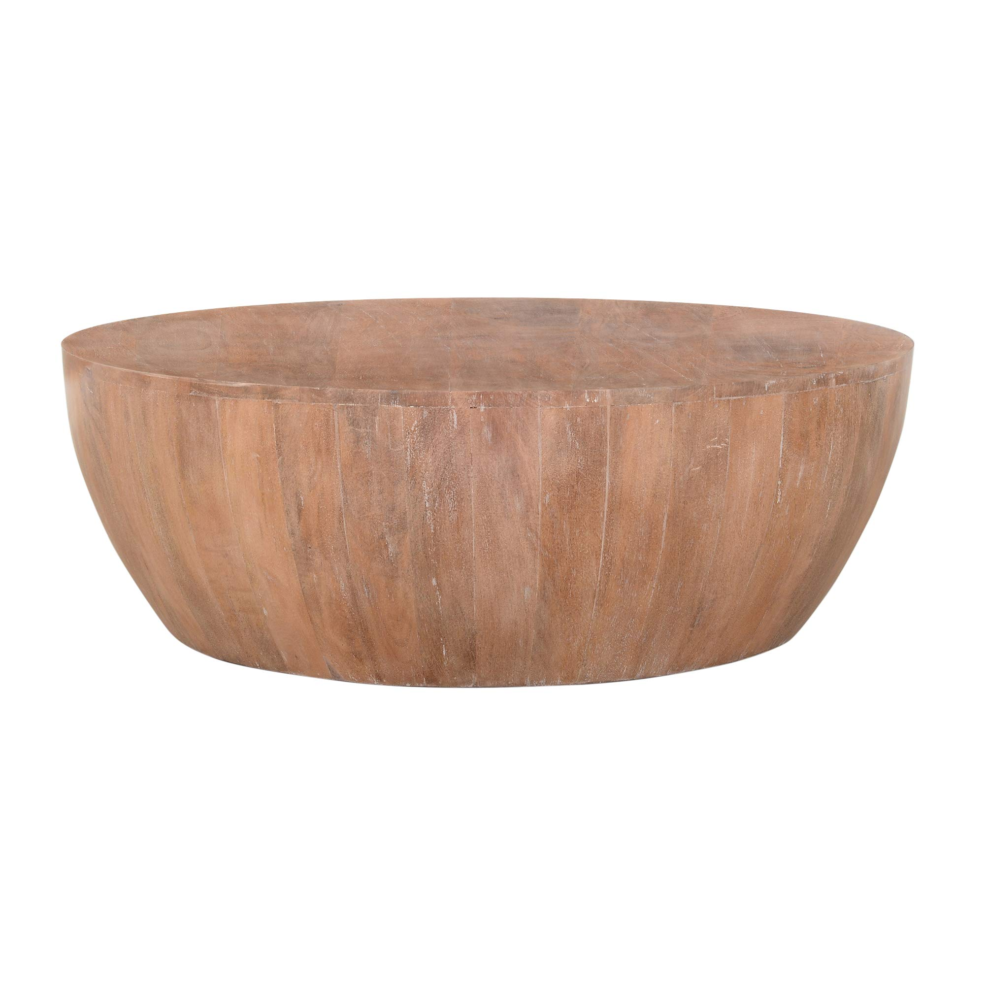【Furniture】Drum Shape Wooden Coffee Table with Plank Design Base, Brown