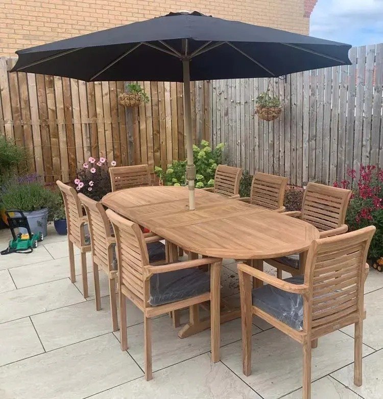 Teak Garden Dining Room - 1.8m to 2.4m double extension table, 8 x teak stacking chairs