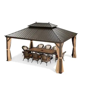 【Gazebo】12' X 16' Permanent Outdoor Hardtop Gazebo,Nettings and Curtains Included