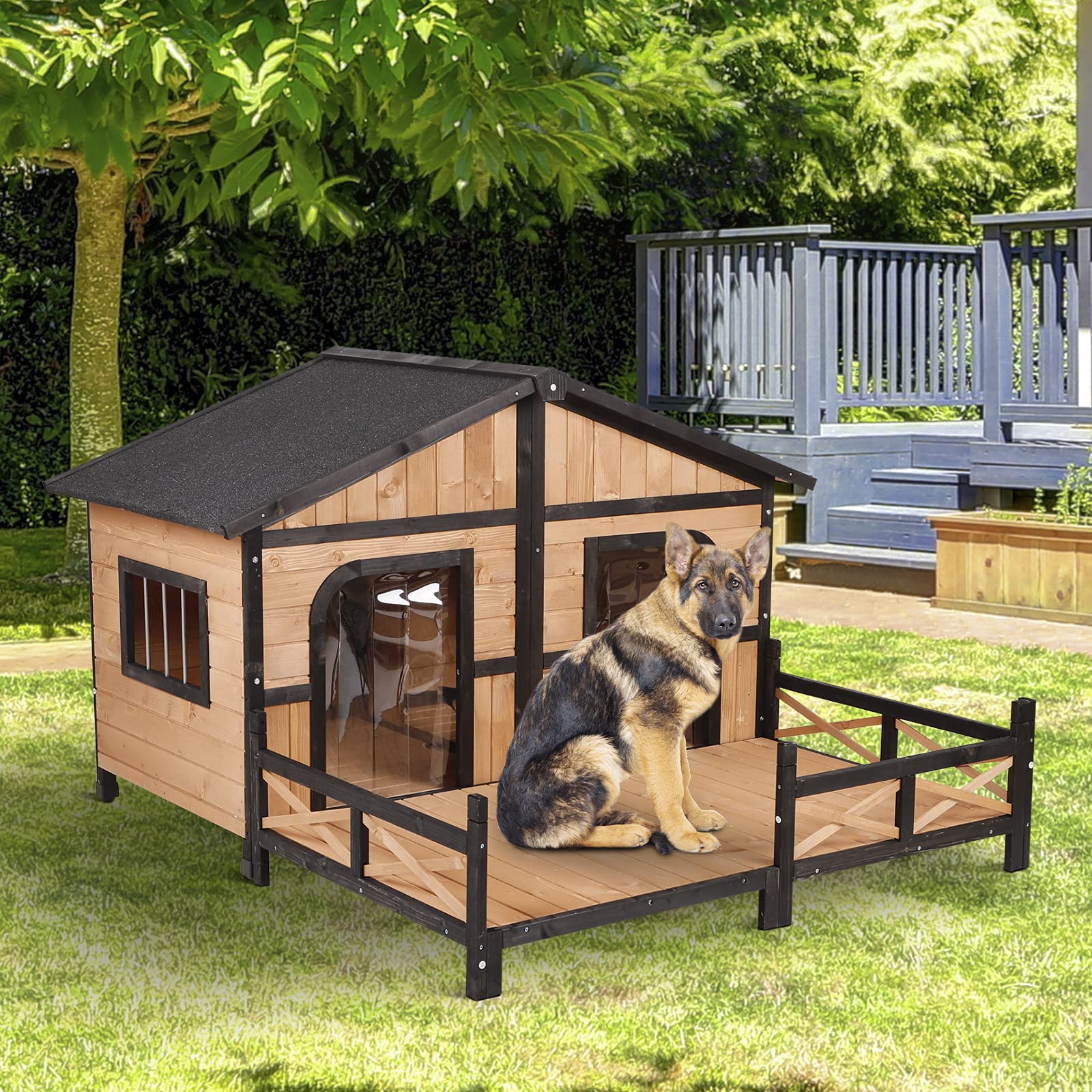 【Home&Garden】59x64x39 Wood Large Dog House Cabin Style Elevated Pet Shelter wPorch Deck Natural
