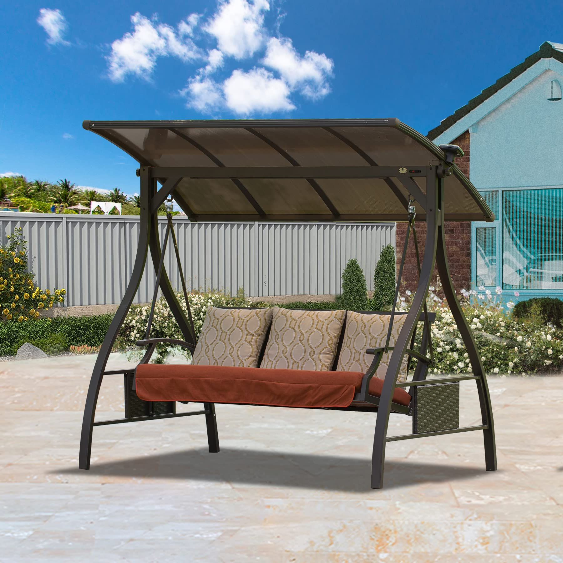 【Home&Garden】Patio Porch Swing 3 Person Adjustable Canopy Deluxe Hammock Swing Glider