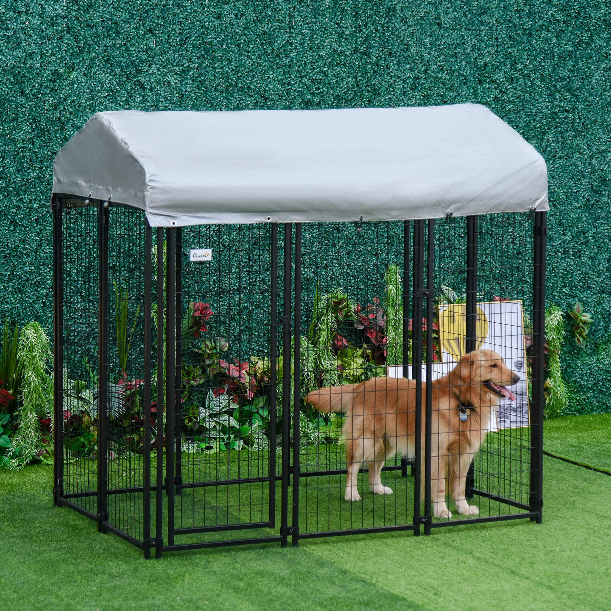 【Home&Garden】6'x4'x6' Large Dog Kennel Outdoor Steel Fence with UV-Resistant Cloth Roof & Secure Lock