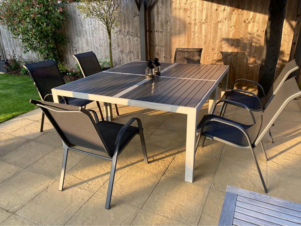 【Home&Garden】Grey Aluminium Textoline Stackable Garden Chairs - Comes with tables and Chairs