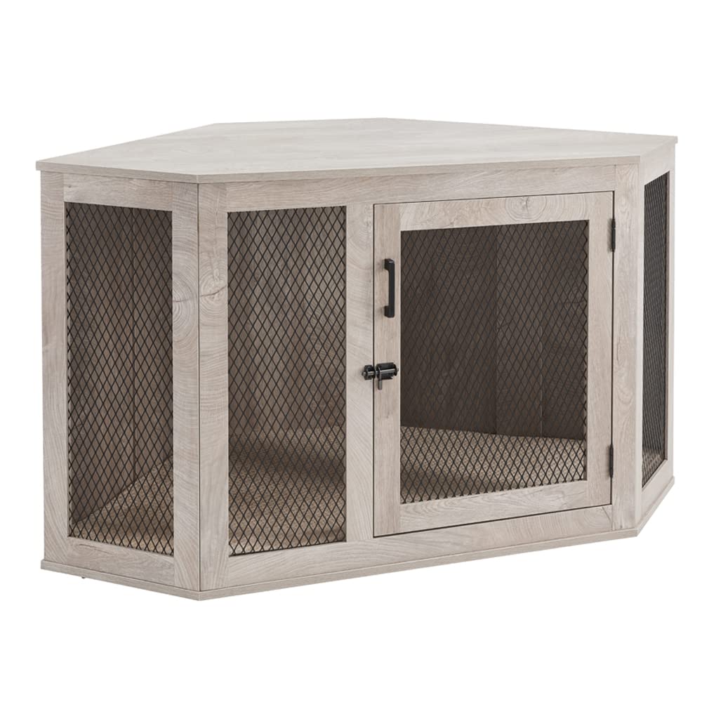 【Home&Garden】Furniture Corner Dog Crate with Cushion, Dog Kennel with Wood and Mesh, Dog House