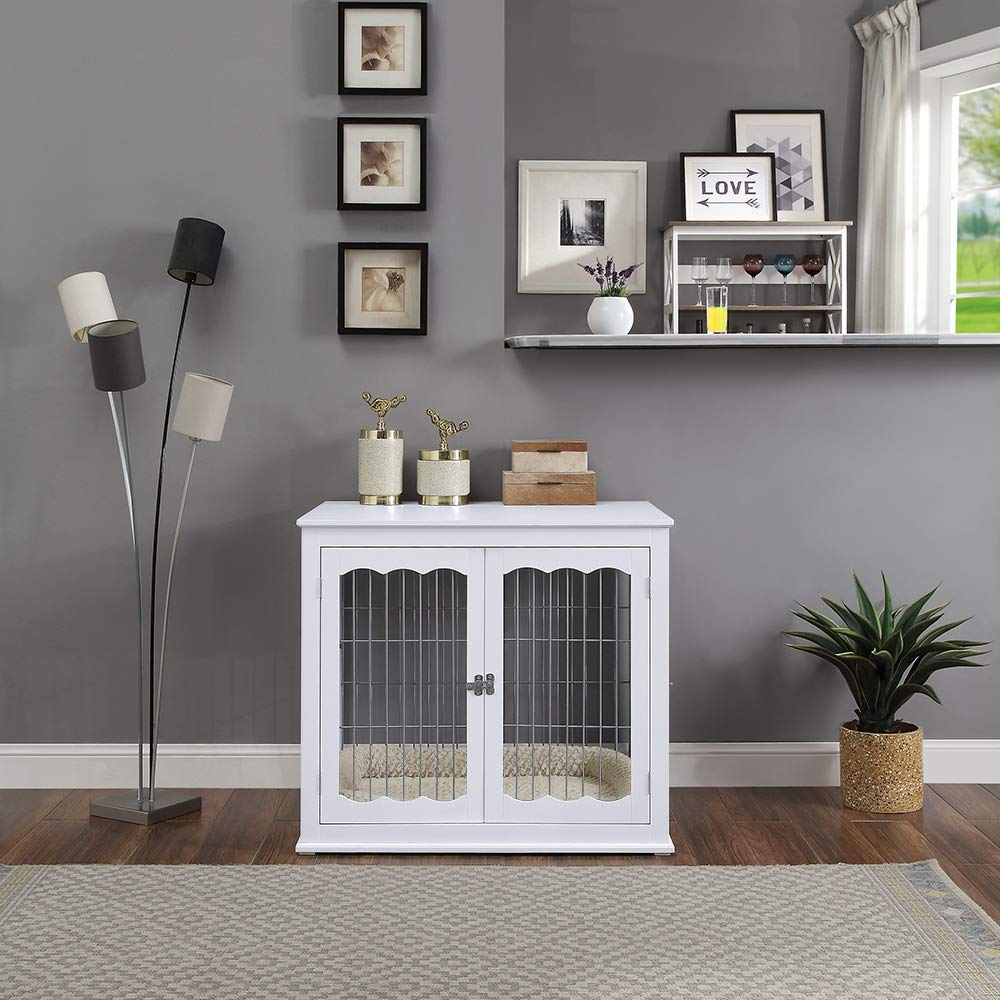 【Home&Garden】Furniture Style Dog Crate End Table with Cushion, Wooden Wire Pet Kennels with Double Doors