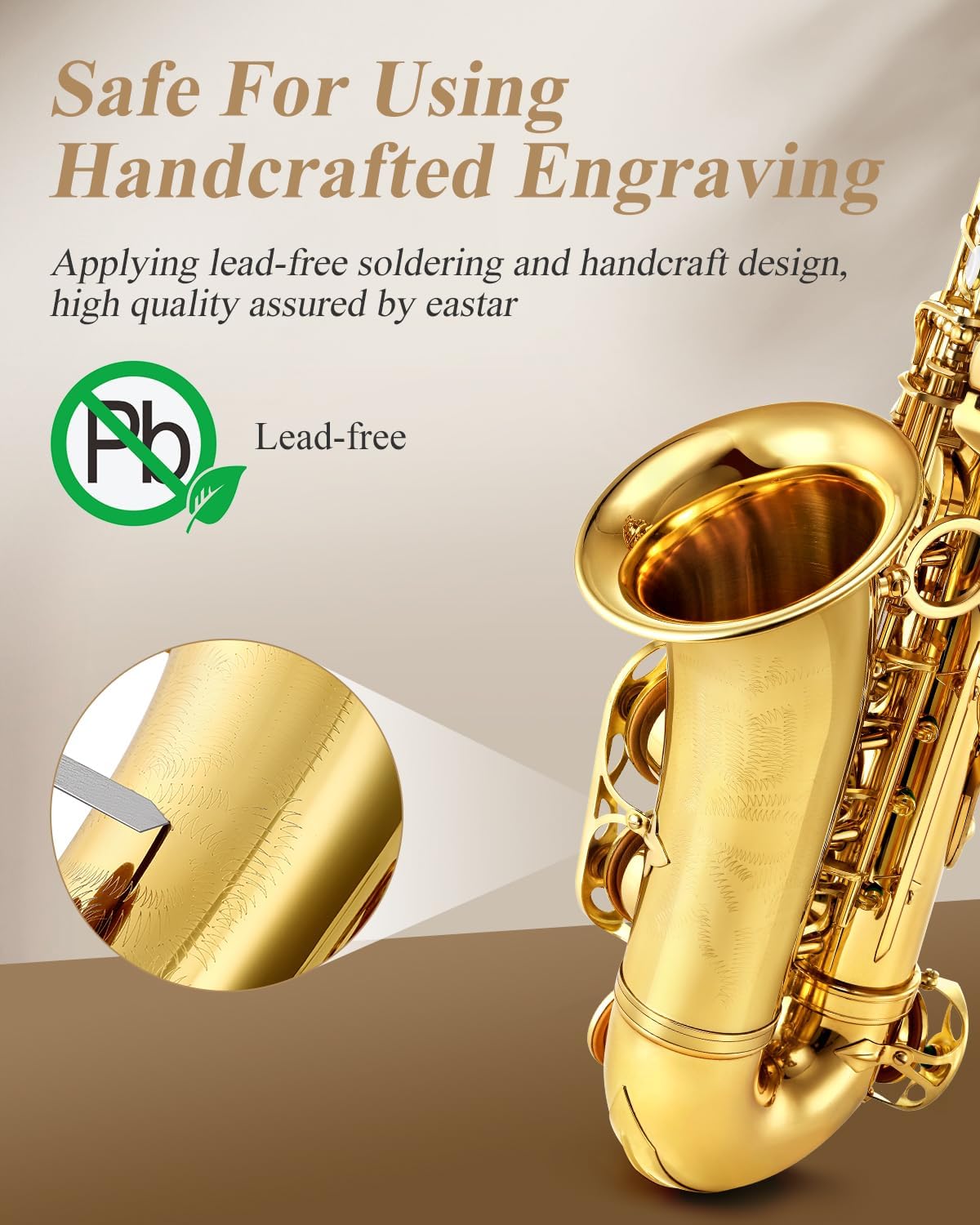 Eastar AS-Ⅱ Student Alto Saxophone E Flat Beginner Sax Full Kit, Carrying Case, Mouthpiece, Straps, Reeds, Stand, Golden Lacquer