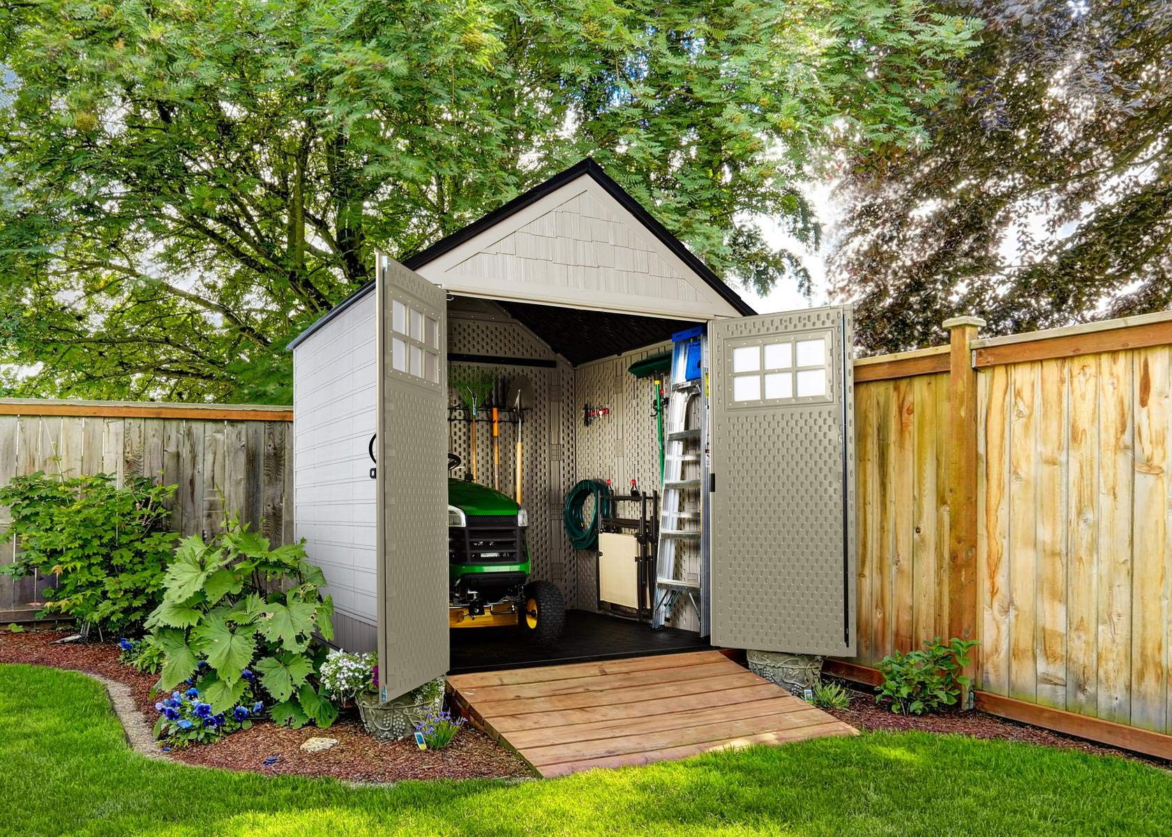 Keter Oakland Resin Outdoor Storage Shed with Floor (7 x 7 ft), Weather Resistant, Beige/Brown, for Home/Backyard/Garden Tools/Lawn Mower/Bike Storage/Pool Supplies