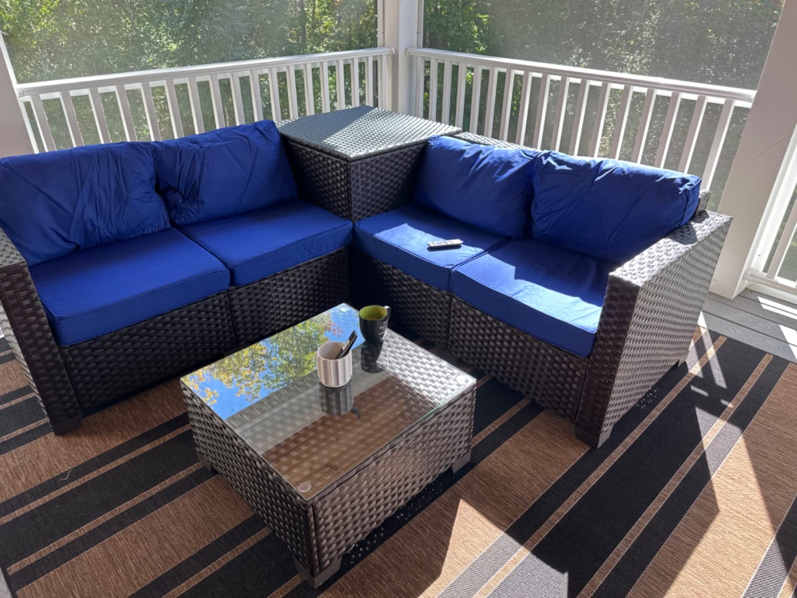 【Furniture】Outdoor PE Wicker Furniture Set 4 Piece Patio Black Rattan Sectional Loveseat Couch Set Conversation Sofa