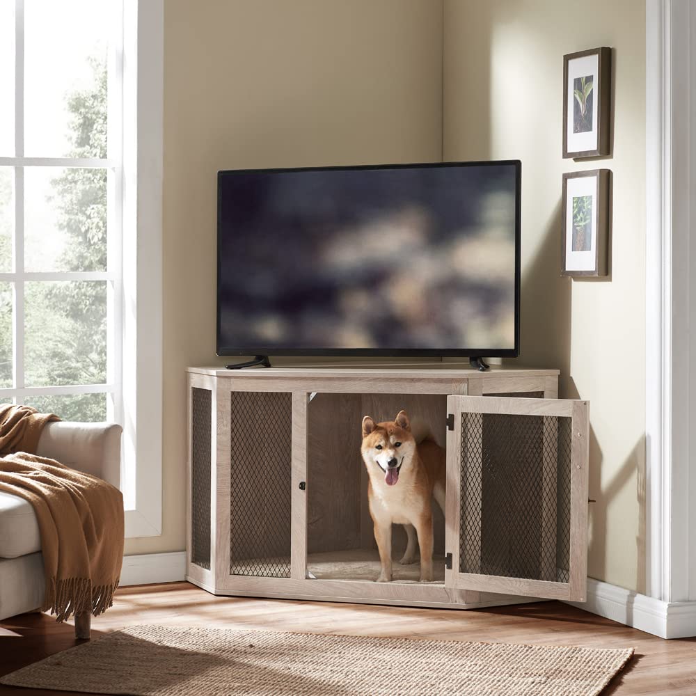 【Home&Garden】Furniture Corner Dog Crate with Cushion, Dog Kennel with Wood and Mesh, Dog House