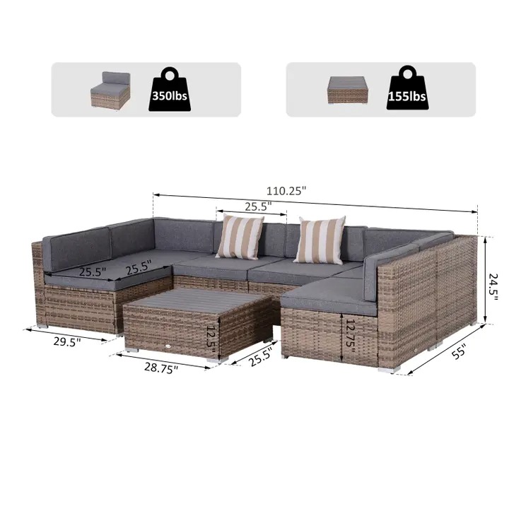 【Furniture】Outsunny 7 Piece Terrace Rattan Sofa Set All Weather Conversation Garden Wicker Combination Set with Coffee Table and Cushions