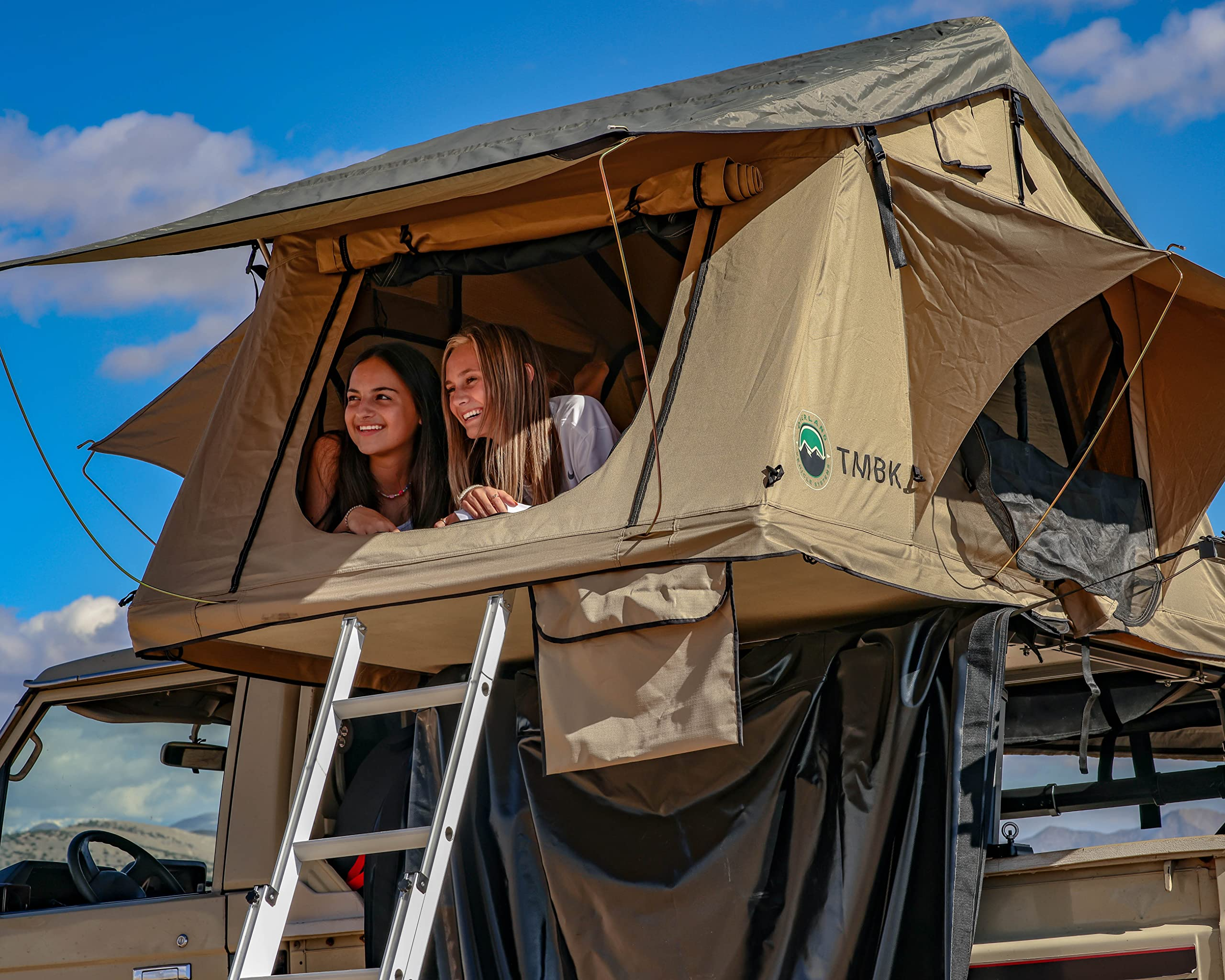 Overland Vehicle Systems TMBK 3 Person Roof Top Tent with Rain Fly Tan Body & Green Rainfly
