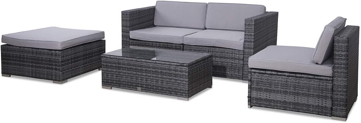 EVRE California Grey Outdoor Rattan Garden Furniture Conversation Set with Handwoven PE Wicker Sectional Sofa Glass Top Table Cushions for Patio Deck Conservatory