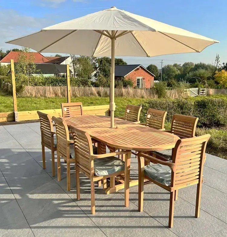 Teak Garden Dining Room - 1.8m to 2.4m double extension table, 8 x teak stacking chairs