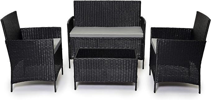 EVRE Grey Rattan Garden Furniture Set Patio Conservatory Balcony Indoor Outdoor 4 Seater Piece Glass Top Coffee Table Modular Sofa Loveseat with Cushions