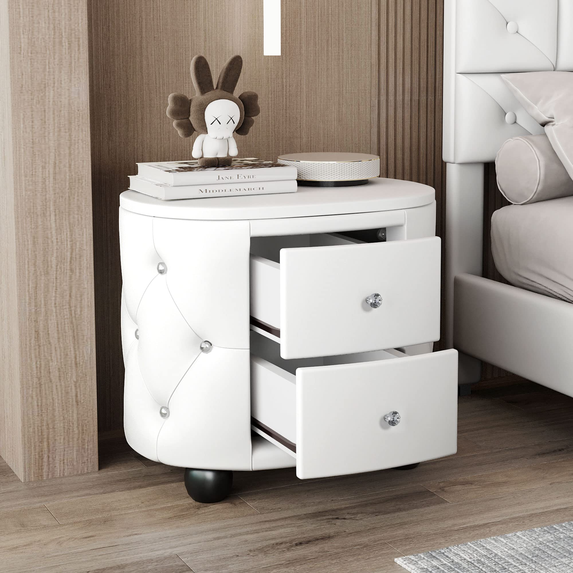【Furniture】Modern Mid-Century Upholstered Night Stand with 2 Drawers for Bedroom Wood Bedside End Table