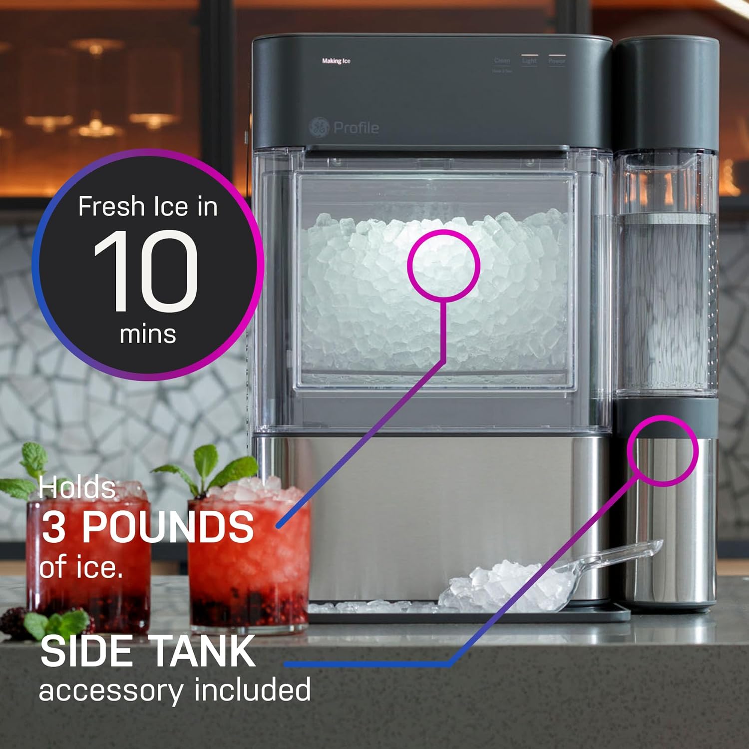 GE Profile Opal 2.0 | Countertop Nugget Ice Maker with Side Tank | Ice Machine with WiFi Connectivity | Smart Home Kitchen Essentials | Stainless Steel
