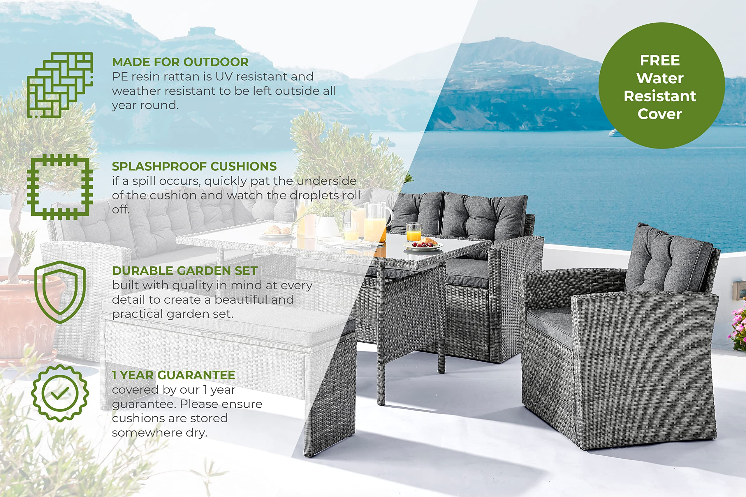 【Furniture】【BS】Sorrento Grey Rattan Outdoor Garden Dining Set 8 Seat - Right Side Facing