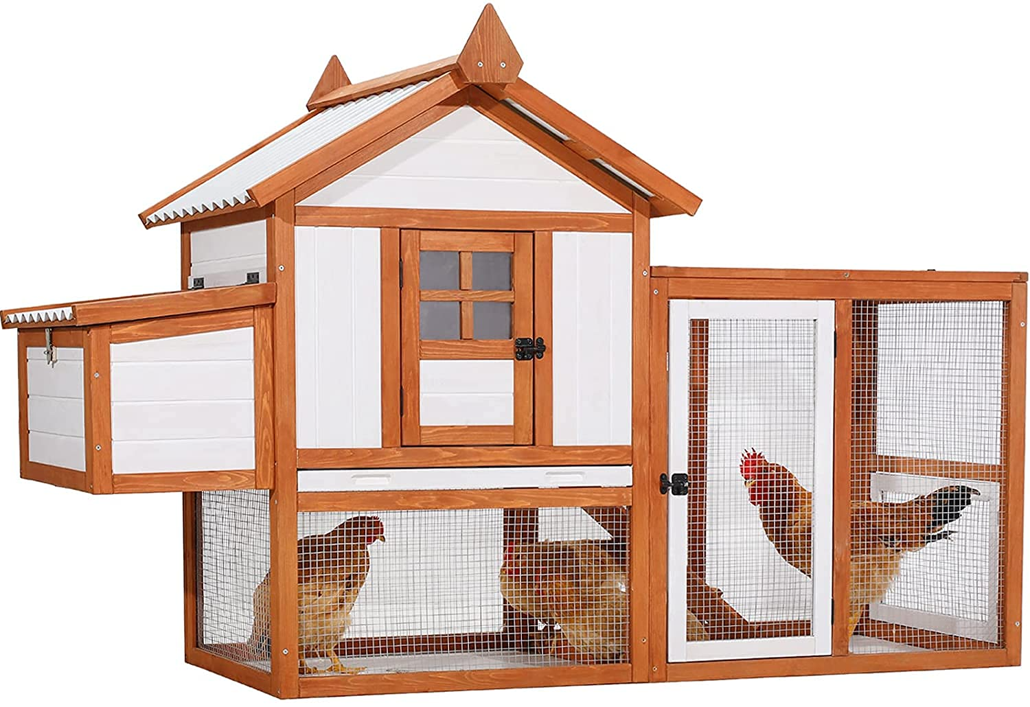【Home&Garden】Outdoor Wooden Multi-Level Chicken Coop, Poultry Cage wRamps, Run, Nesting Box, Wire Fence