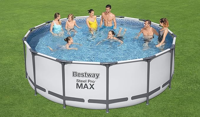 Bestway Steel Pro Max Framed Garden Pool, Above Ground Swimming Pool, Round, Grey, 14 ft