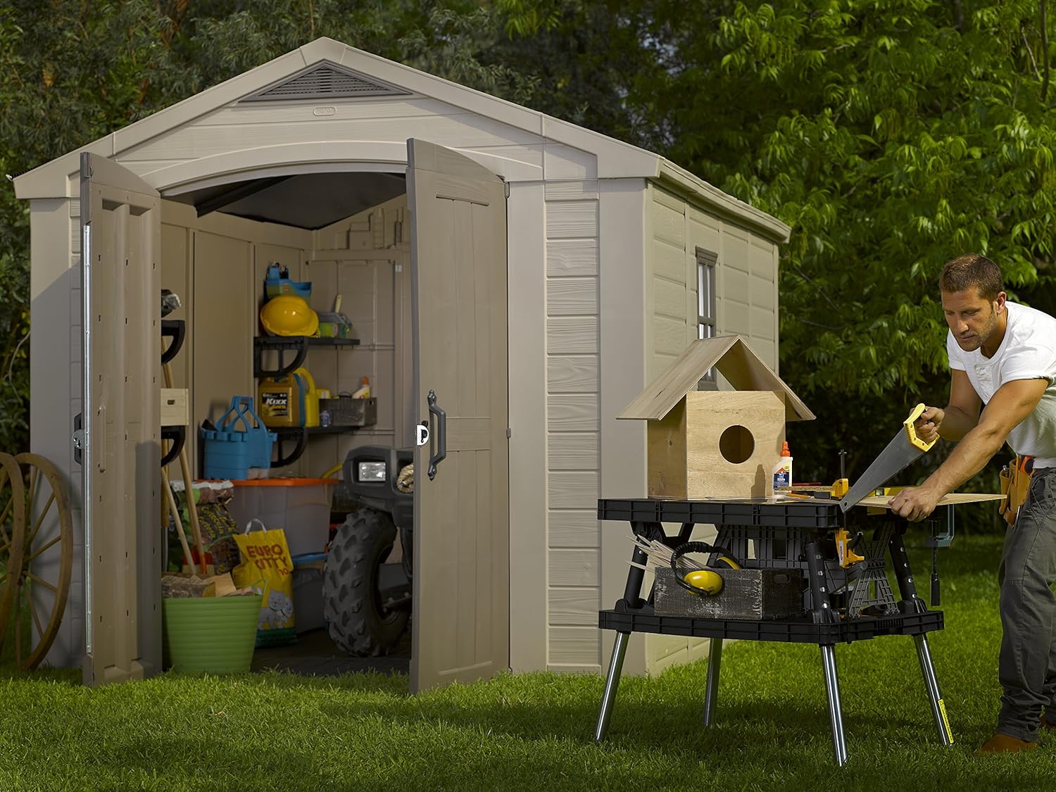 Keter Factor Outdoor Garden Storage Shed, Beige, 8 x 11 feet, with base, Non-fading, Looks and feels like wood Easy to install